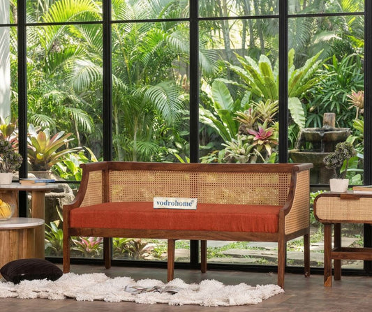 vodrohome two seater rattan cane sofa with wooden frame teak finish| fabric lounge sofa | cotton linen sofa SO#023