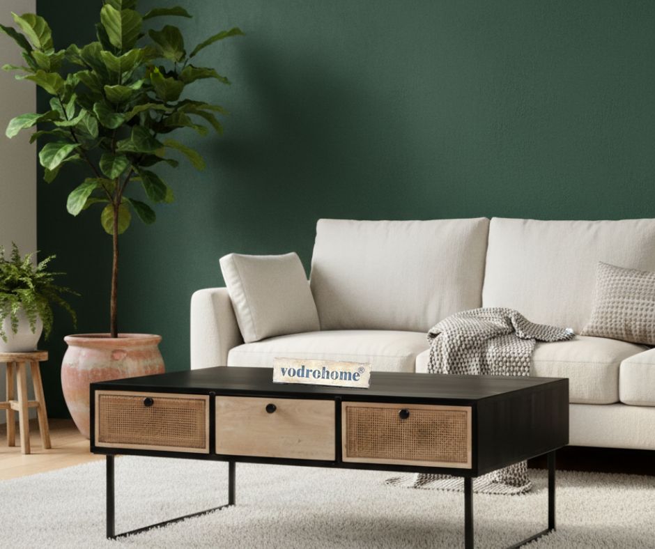 vodrohome rattan coffee table - center table with six & three drawers for storage – solid sheesham wood coffee table for office and living room C#020A