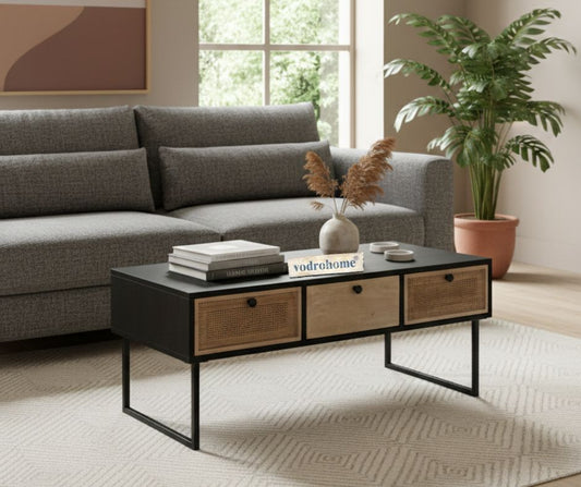 vodrohome rattan coffee table - center table with six & three drawers for storage – solid sheesham wood coffee table for office and living room C#020A