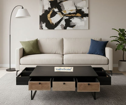 vodrohome rattan coffee table - center table with six & three drawers for storage – solid sheesham wood coffee table for office and living room C#020A