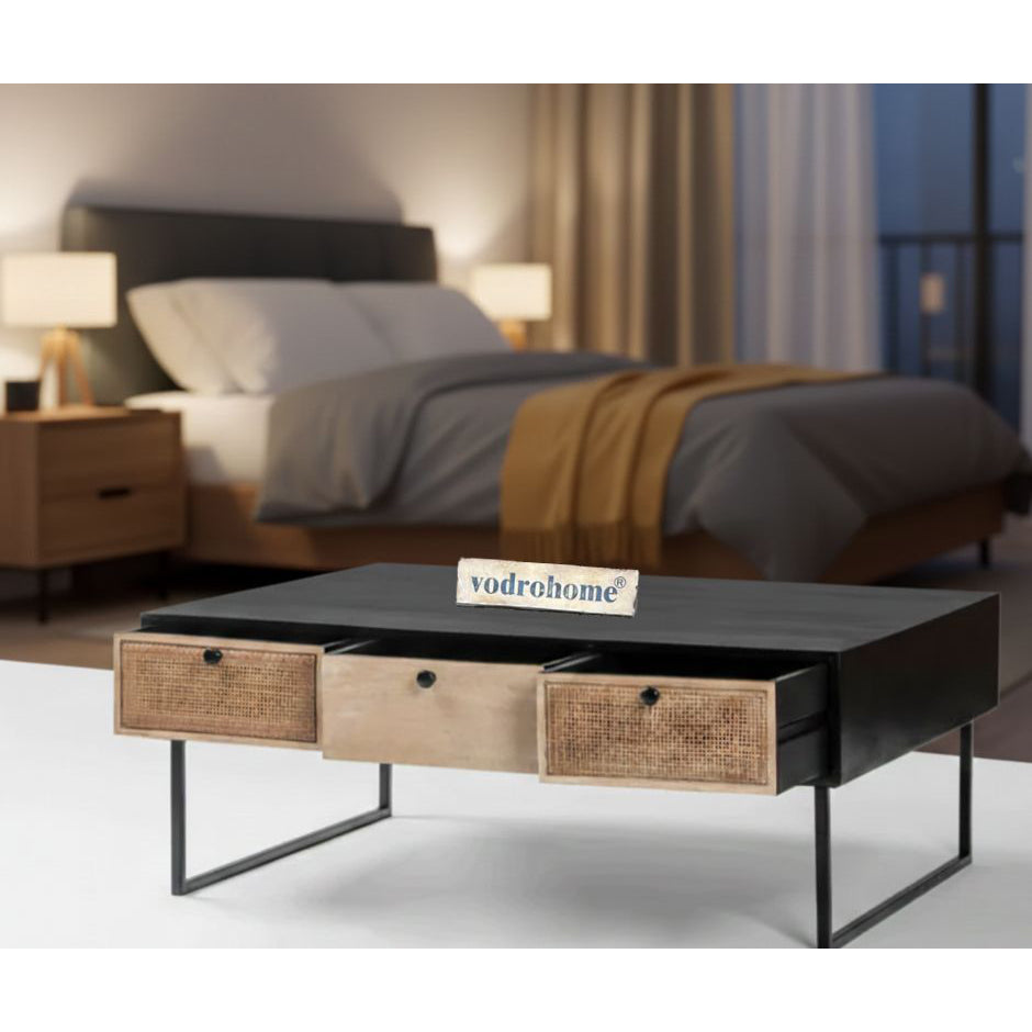 vodrohome rattan coffee table - center table with six & three drawers for storage – solid sheesham wood coffee table for office and living room C#020A