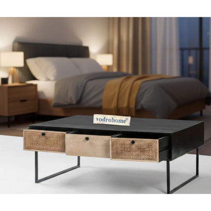vodrohome rattan coffee table - center table with six & three drawers for storage – solid sheesham wood coffee table for office and living room C#020A