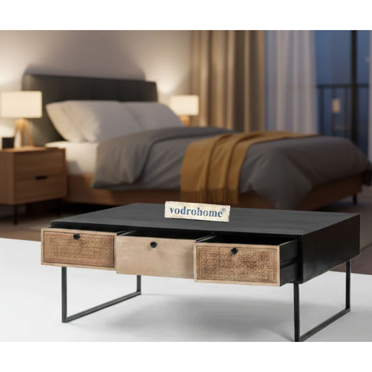 vodrohome rattan coffee table - center table with six & three drawers for storage – solid sheesham wood coffee table for office and living room C#020A