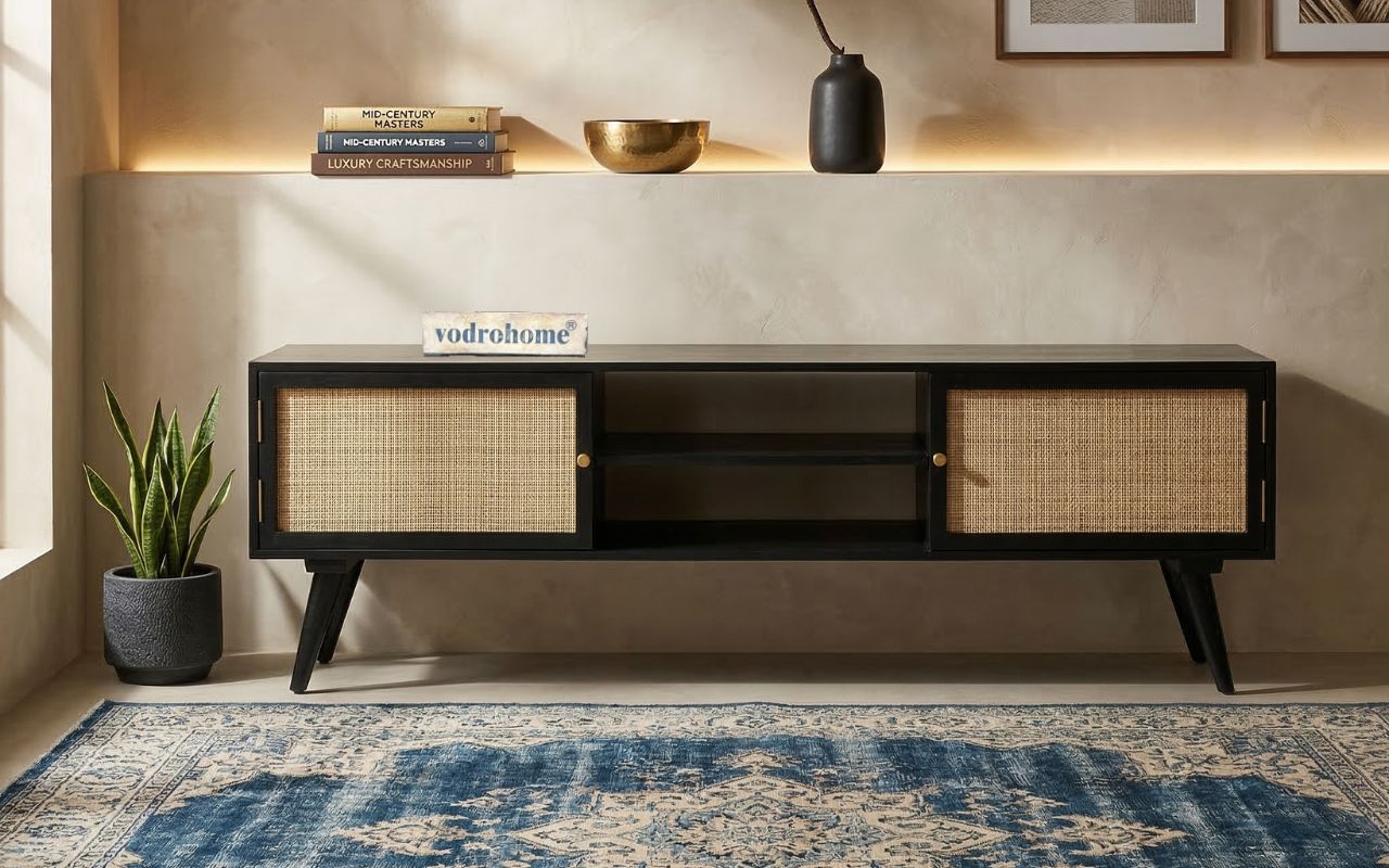 vodrohome modern tv unit cabinet– solid mango wood tvc 2 cupboards – tv consol table with set up box shelf  TV#013