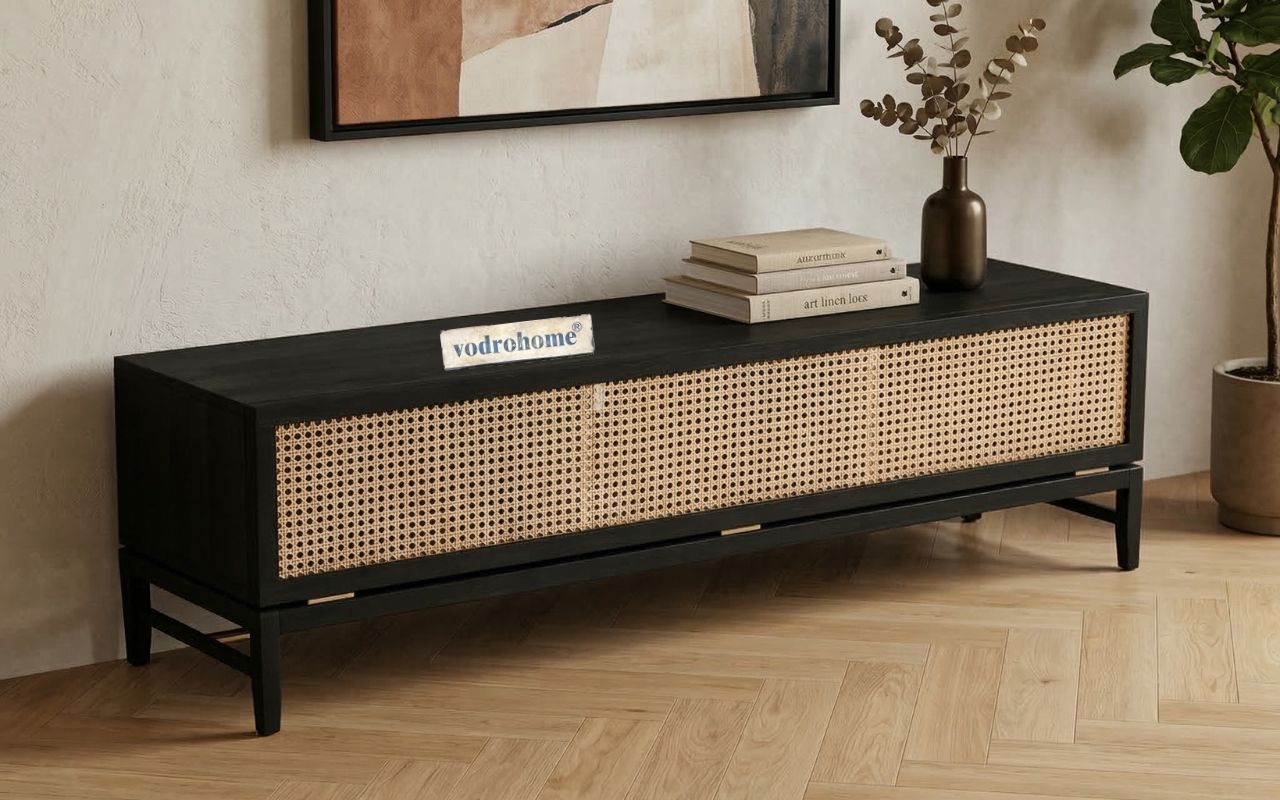 vodrohome modern tv unit cabinet finish – solid mango wood tvc with Flip-Up Door and 3 compartments – tv consol table with set up box shelf  TV#012