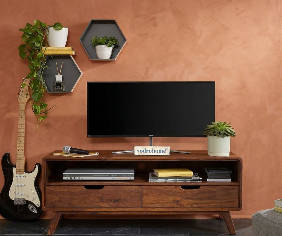 vodrohome modern tv unit cabinet with two drawer and set up box shelf – solid sheesham wood tvc in honey finish 120x40x50 cm TV#003