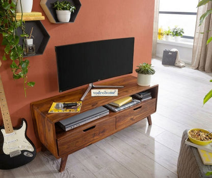 vodrohome modern tv unit cabinet with two drawer and set up box shelf – solid sheesham wood tvc in honey finish 120x40x50 cm TV#003