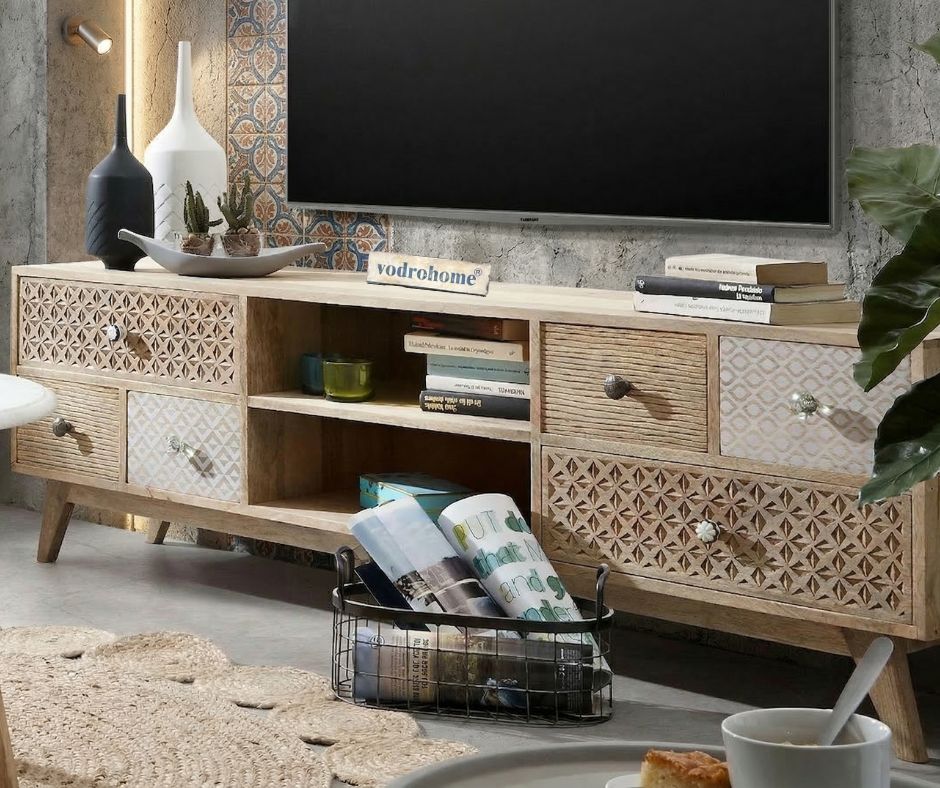 vodrohome ajenta classic tv unit cabinet – solid mango wood TV unit with six drawers and removable set up box shelf 160x35x50 cm TV#001
