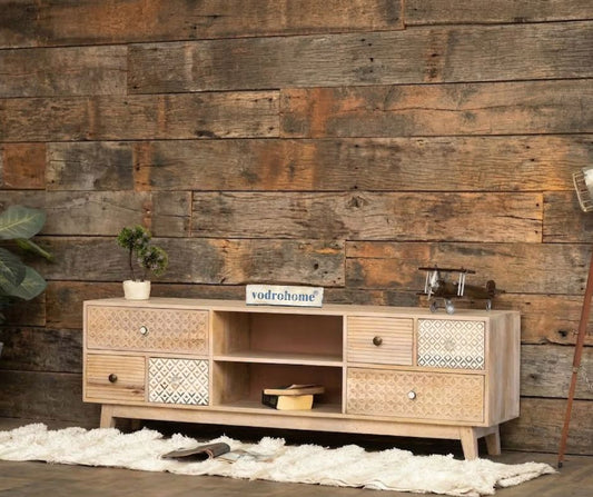 vodrohome ajenta classic tv unit cabinet – solid mango wood TV unit with six drawers and removable set up box shelf 160x35x50 cm TV#001