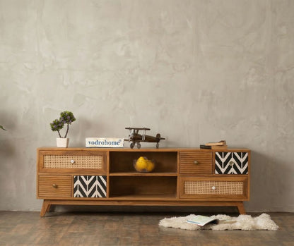 vodrohome Rattan cane tv unit cabinet – solid mango wood TV unit with six drawers 160x35x50 cm TV#002