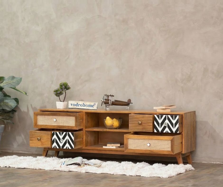 vodrohome Rattan cane tv unit cabinet – solid mango wood TV unit with six drawers 160x35x50 cm TV#002