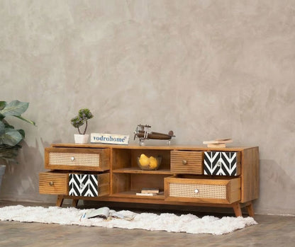 vodrohome Rattan cane tv unit cabinet – solid mango wood TV unit with six drawers 160x35x50 cm TV#002
