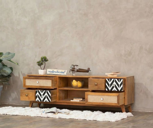 vodrohome Rattan cane tv unit cabinet – solid mango wood TV unit with six drawers 160x35x50 cm TV#002