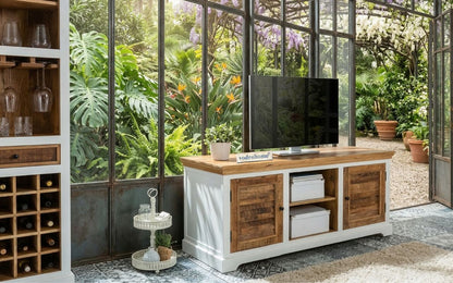 vodrohome white wave solid wood TV cabinet two door storage unit| entertainment unit table with set up box shelf (Tv unit) 160x70x45 CM TV#017