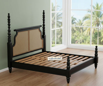 Vodrohome Ashley Solid Wood Rattan Poster Bed with Carving (Natural cane & Black) B#017