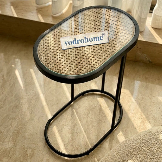 Vodrohome rattan cane side table with glass top – bohemian solid mango wood cane iron sofa side end table – cane end table for living S#049
