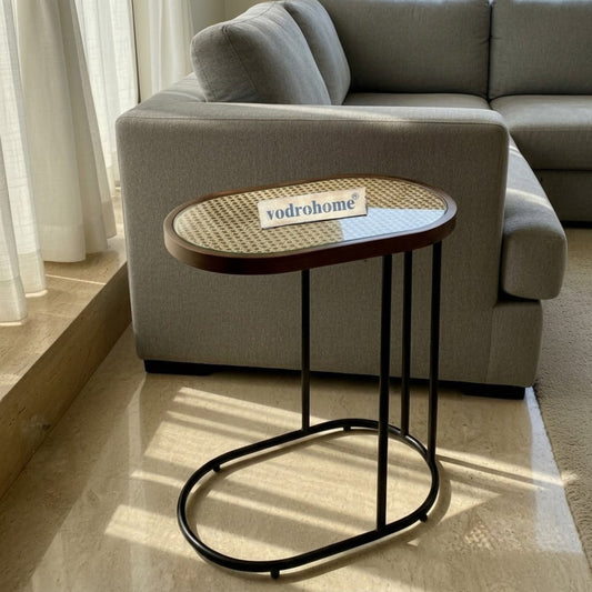 Vodrohome rattan cane side table with glass top – bohemian solid mango wood cane iron sofa side end table – cane end table for living S#049