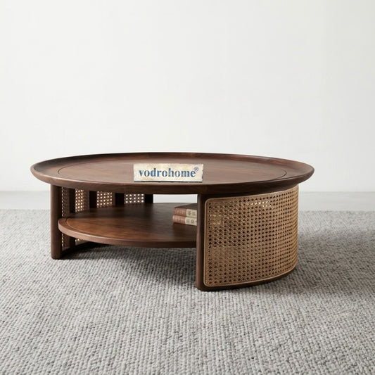 Vodrohome Rattan Coffee Table – cane center table with shelf for storage – bohemian solid mango wood coffee table for office and living room C#027