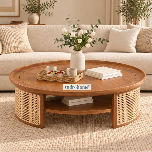 Vodrohome Rattan Coffee Table – cane center table with shelf for storage – bohemian solid mango wood coffee table for office and living room C#027
