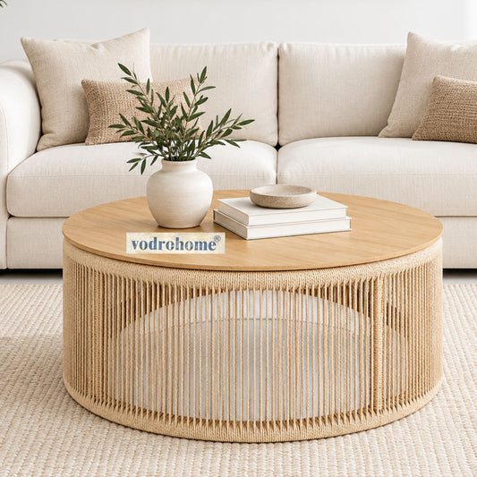 vodrohome rattan coffee table – jute weaving center table in natural finish – bohemian solid mango wood coffee table for office and living room C#064