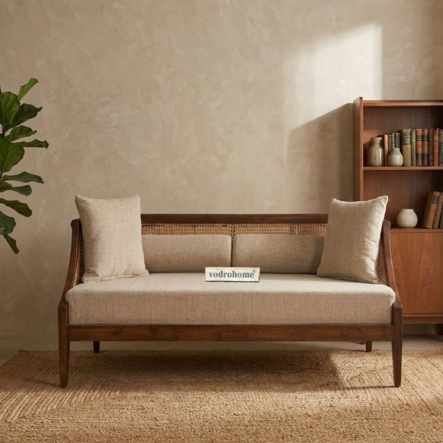 vodrohome three seater rattan cane sofa with wooden frame teak finish| fabric lounge sofa | cotton linen sofa SO#006
