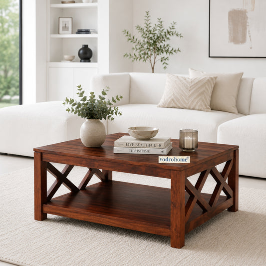 vodrohome Solid Sheesham Wood Wooden Coffee Table Centre Table for Living Room | Teapoy Center Table for Home (Honey Finish) C#006