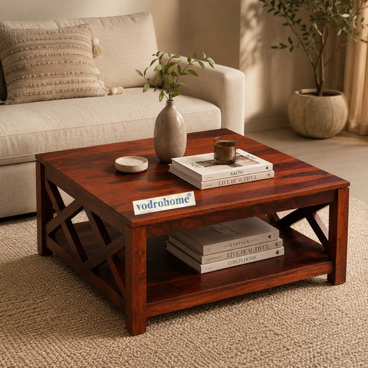 vodrohome Solid Sheesham Wood Wooden Coffee Table Centre Table for Living Room | Teapoy Center Table for Home (Honey Finish) C#006