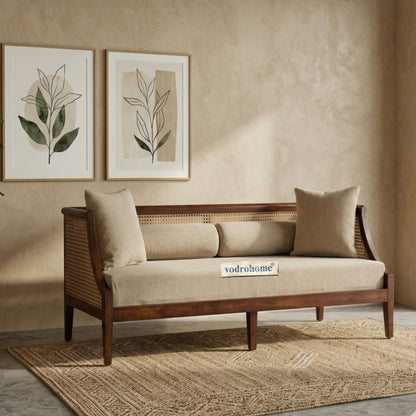 vodrohome three seater rattan cane sofa with wooden frame teak finish| fabric lounge sofa | cotton linen sofa SO#006