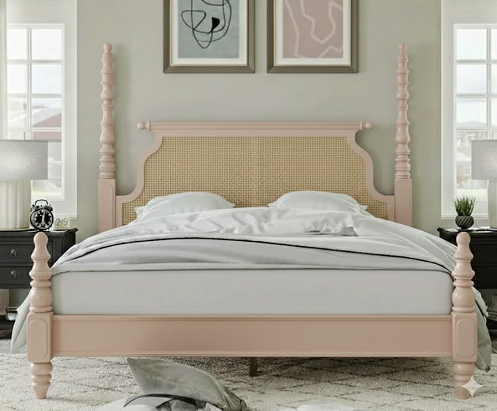 vodrohome Ashley Solid Wood Rattan Poster Bed With Carving B#020