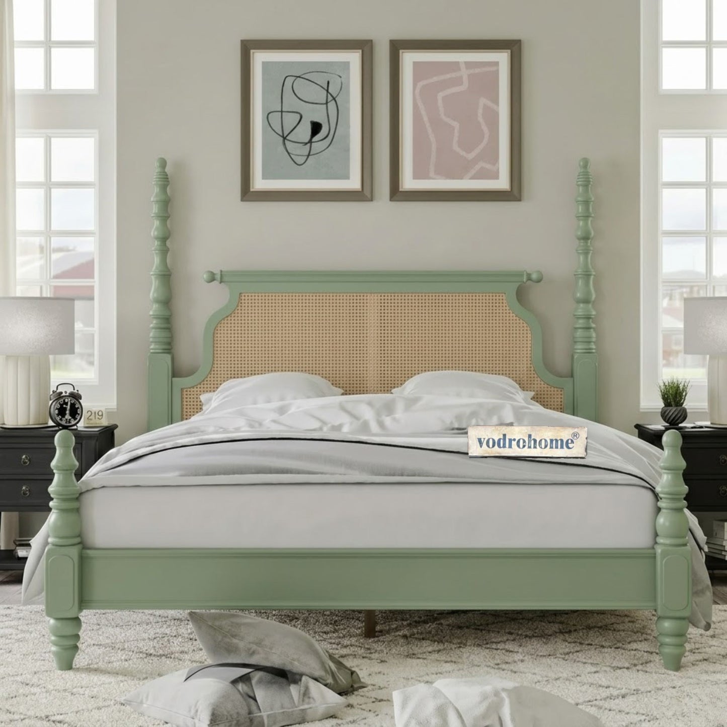 vodrohome Ashley Solid Wood Rattan Poster Bed With Carving B#020