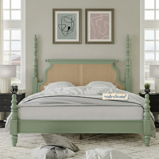 vodrohome Ashley Solid Wood Rattan Poster Bed With Carving B#020