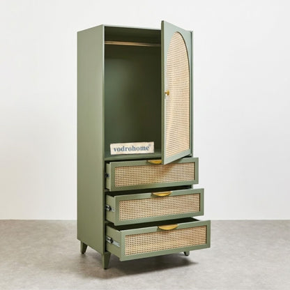 vodrohome Bue Sage Green Mango Wood & Rattan wardrobe with separate hanging space - Hawamahal collection almirah with soft closure drawer 75 W x 55 D x 170 H cm AB#001