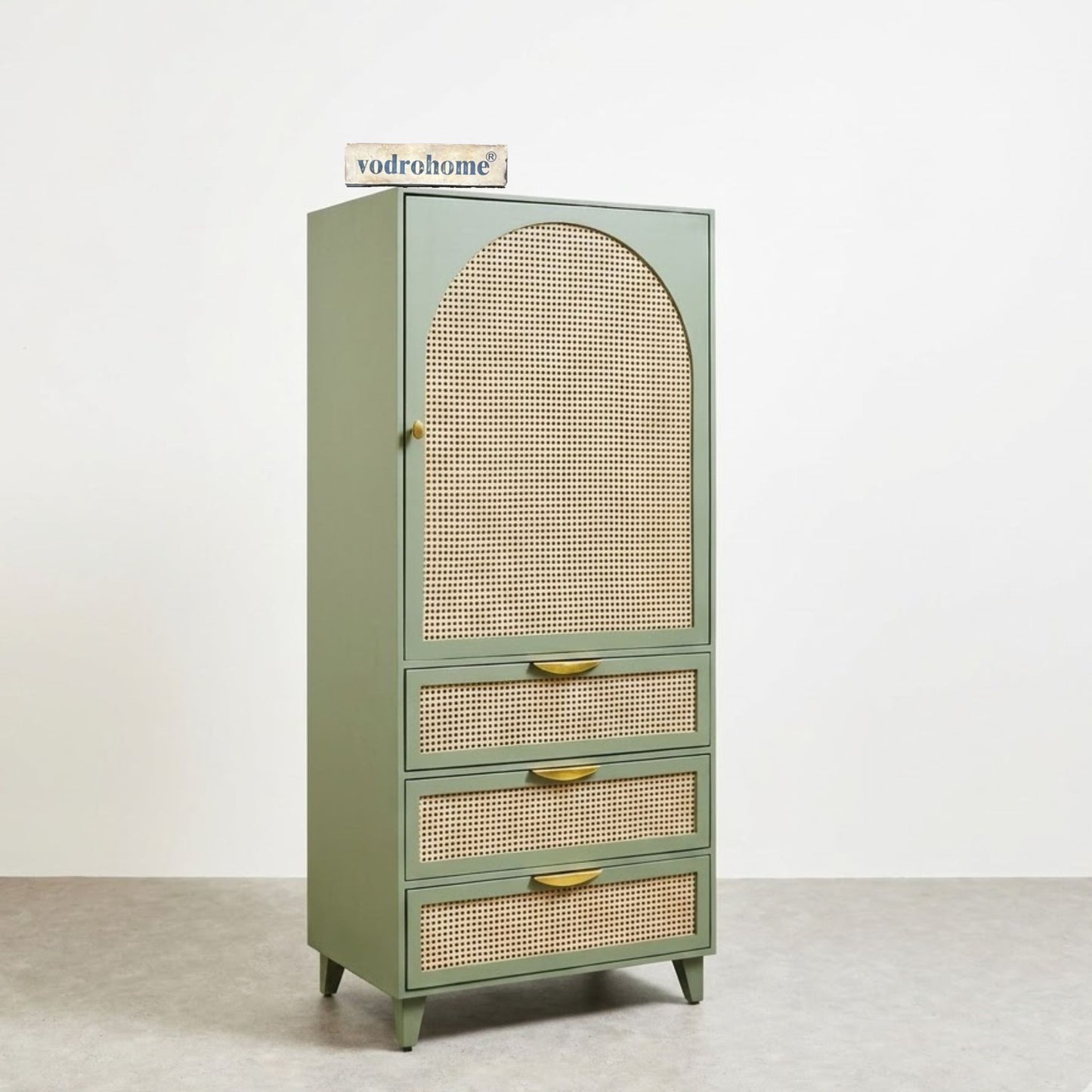 vodrohome Bue Sage Green Mango Wood & Rattan wardrobe with separate hanging space - Hawamahal collection almirah with soft closure drawer 75 W x 55 D x 170 H cm AB#001