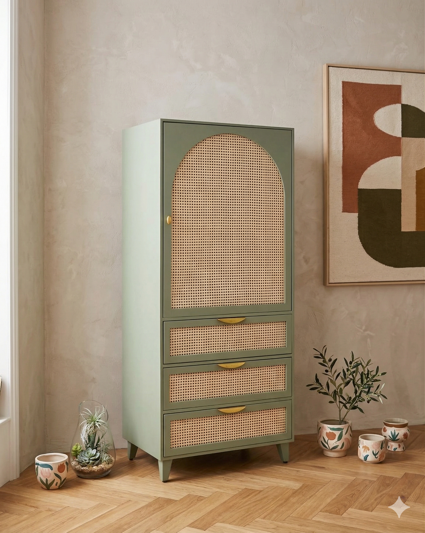 vodrohome Bue Sage Green Mango Wood & Rattan wardrobe with separate hanging space - Hawamahal collection almirah with soft closure drawer 75 W x 55 D x 170 H cm AB#001