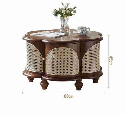 vodrohome Designer Solid Wood & Rattan Round Modern Pedestal Coffee Table with Hidden Storage Unique irregular cocktail tables C#084