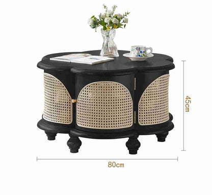 vodrohome Designer Solid Wood & Rattan Round Modern Pedestal Coffee Table with Hidden Storage Unique irregular cocktail tables C#084