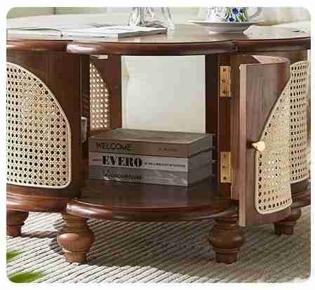 vodrohome Designer Solid Wood & Rattan Round Modern Pedestal Coffee Table with Hidden Storage Unique irregular cocktail tables C#084