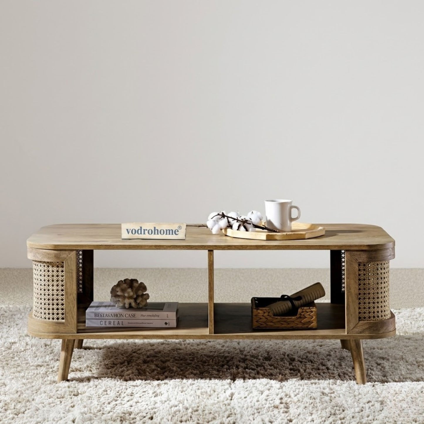 vodrohome Rattan Coffee Table With storage – cane center table with shelf for storage – bohemian solid mango wood coffee table for office and living room C#061