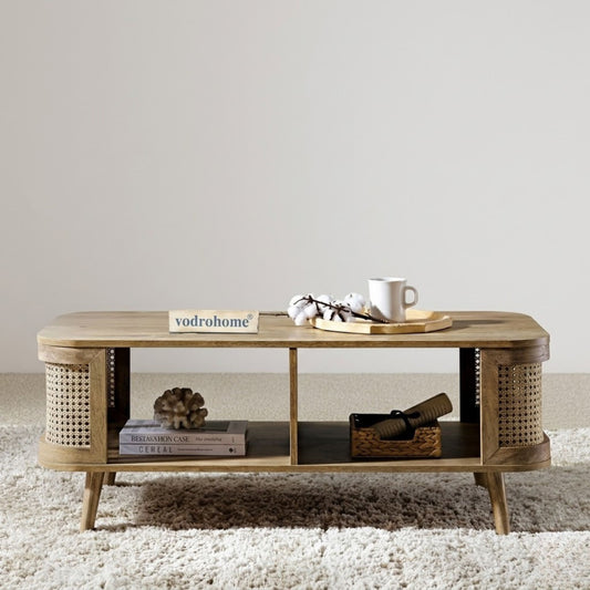 vodrohome Rattan Coffee Table With storage – cane center table with shelf for storage – bohemian solid mango wood coffee table for office and living room C#061