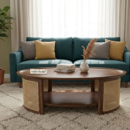 vodrohome Rattan Coffee Table – cane center table with shelf for storage – bohemian solid Sheesham wood coffee table for office and living room C#062