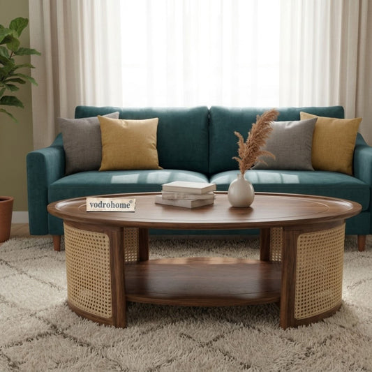 vodrohome Rattan Coffee Table – cane center table with shelf for storage – bohemian solid Sheesham wood coffee table for office and living room C#062