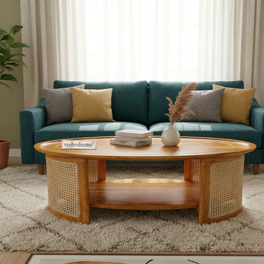 vodrohome Rattan Coffee Table – cane center table with shelf for storage – bohemian solid Sheesham wood coffee table for office and living room C#062
