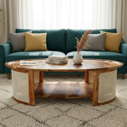 vodrohome Rattan Coffee Table – cane center table with shelf for storage – bohemian solid Sheesham wood coffee table for office and living room C#062
