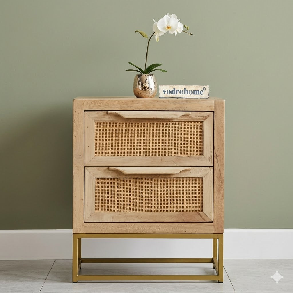 Vodrohome solid mango wood webbed bedside table with two drawers – classic design night stand with iron base 45x35x56 cm S#016