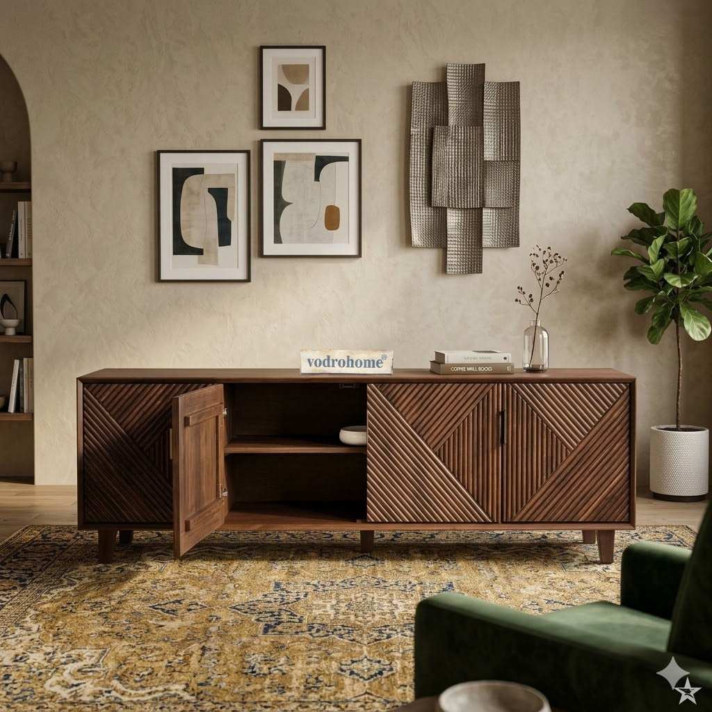vodrohome luxury tv unit cabinet with geometrical design– solid sheesham wood tvc– tv consol table with set up box shelf  TV#014