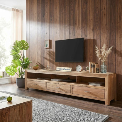 vodrohome tv unit cabinet with 3 drawers – solid sheesham wood entertainment unit - tv consol table with open set up box shelf 175 x 41 x 43 cm  TV#024
