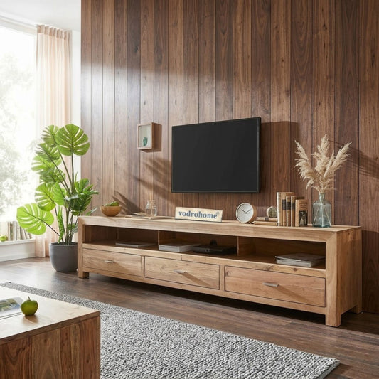 vodrohome tv unit cabinet with 3 drawers – solid sheesham wood entertainment unit - tv consol table with open set up box shelf 175 x 41 x 43 cm  TV#024