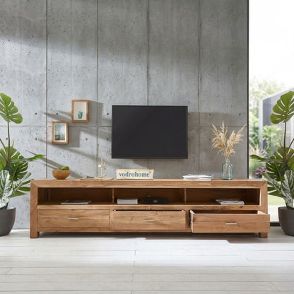 vodrohome tv unit cabinet with 3 drawers – solid sheesham wood entertainment unit - tv consol table with open set up box shelf 175 x 41 x 43 cm  TV#024