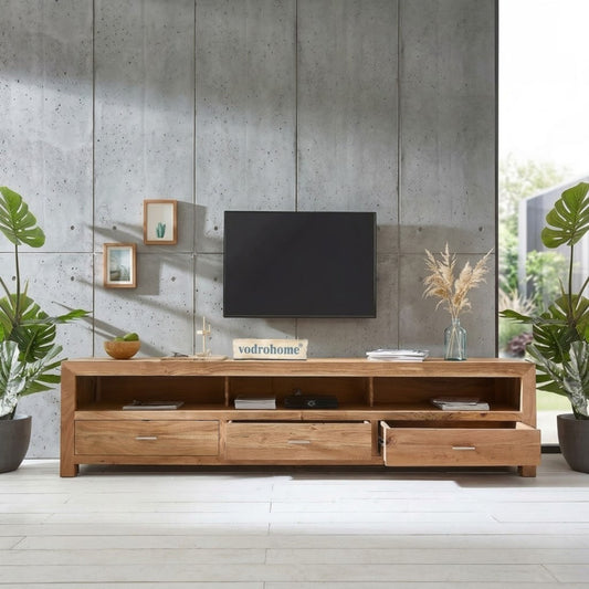 vodrohome tv unit cabinet with 3 drawers – solid sheesham wood entertainment unit - tv consol table with open set up box shelf 175 x 41 x 43 cm  TV#024