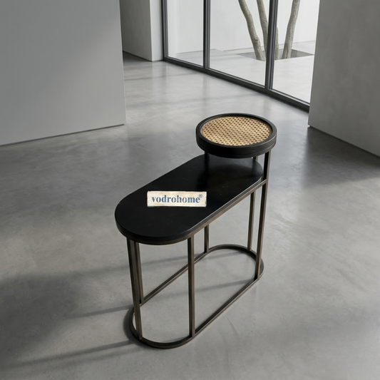 Vodrohome charcoal rattan cane side table with glass top and shelf – bohemian solid mango wood cane iron sofa side end two tier table office and living room S#046